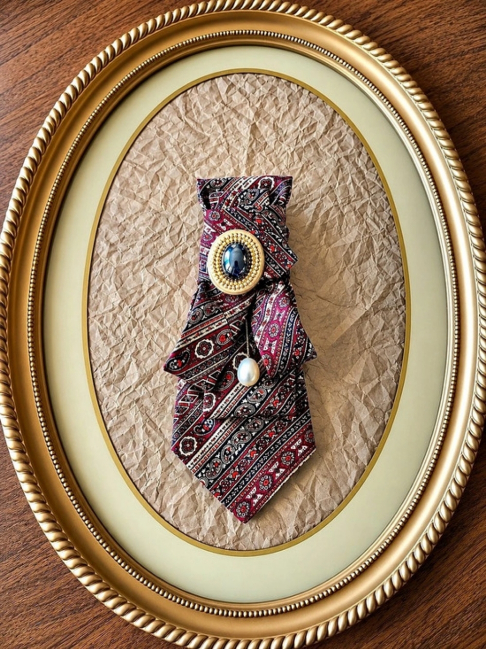 Michelsons of London Vintage Paisley Silk Tie Necklace With Vintage Brooch
